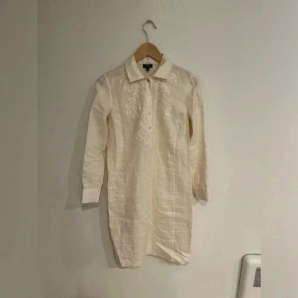 TALBOTS linen embroidered knee length belted shirt dress size 4P sundress dissh - Picture 8 of 10